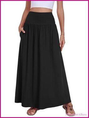 Flowy A-Line Maxi Skirt with Pockets, Elastic High Waist, Polyester Blend